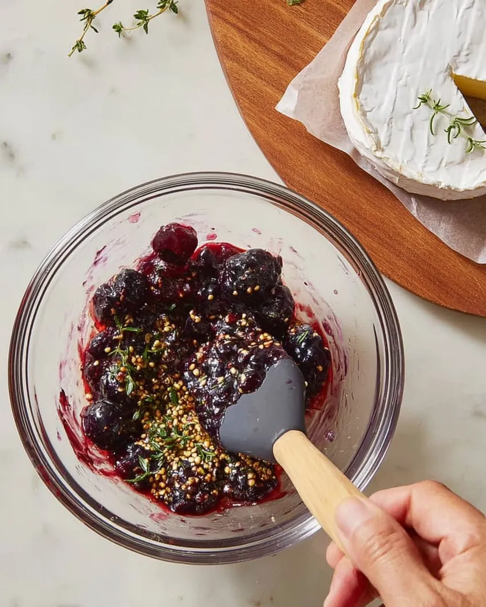 Mixing blackberry jam, mustard, and rosemary for Brie and Blackberry Jam Grilled Cheese