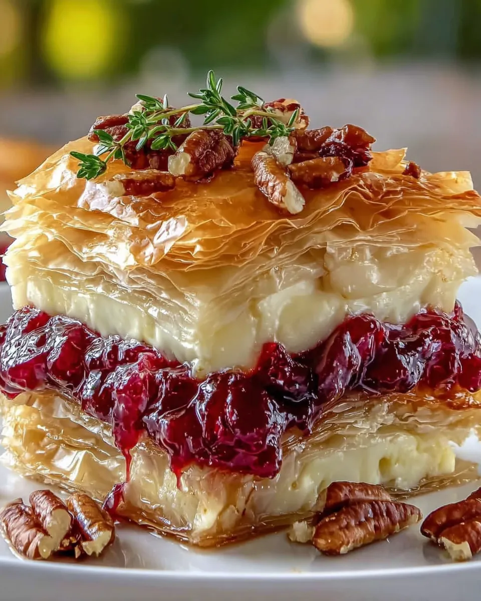 Festive Brie Phyllo Layers holiday appetizer with cranberry and pecans