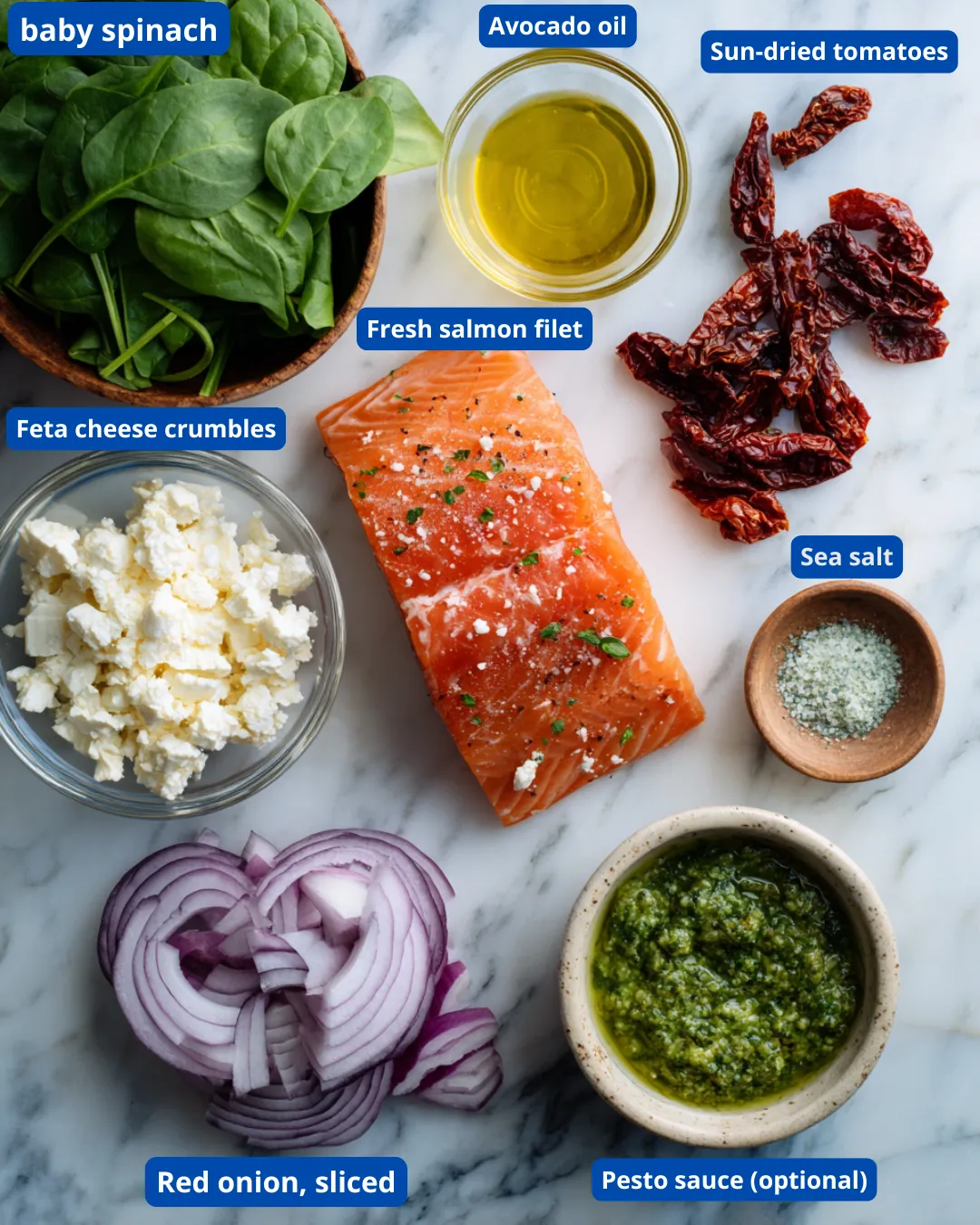 Ingredients for Mediterranean Salmon Bake on marble countertop